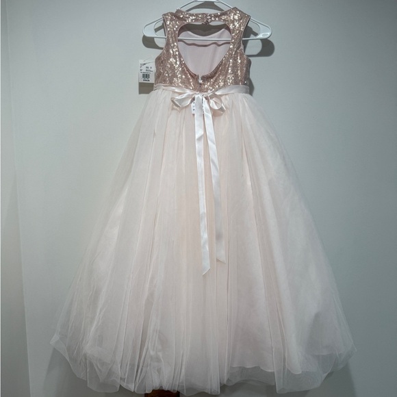 New David’s Bridal Flower Girl Tulle Dress Tie Waist Sz 10 Open Back Rose Gold - Picture 5 of 12